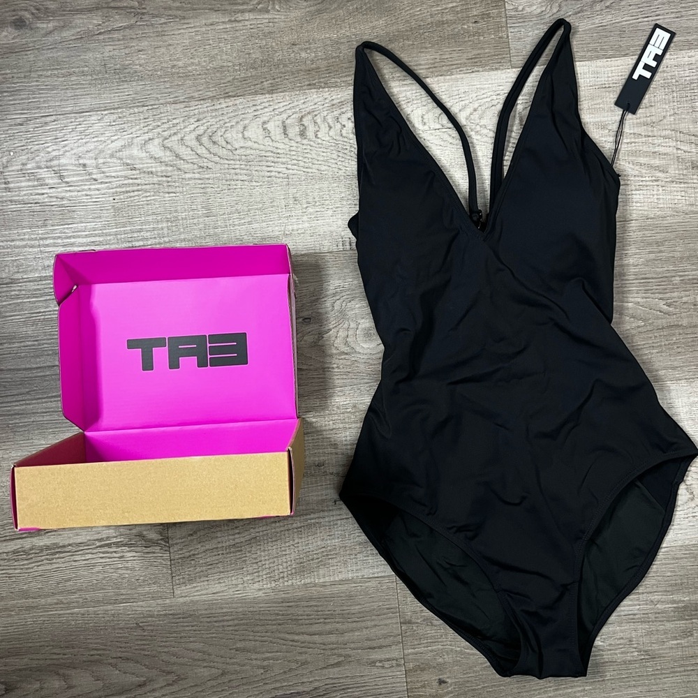 NWT TA3 Plungey One Piece Swimsuit Black Lace Up Corset Size L Short